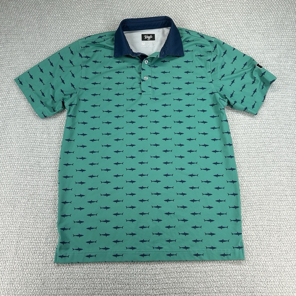 Waggle Polo Golf Shirt Men's Medium Green Sharks Activewear Performance Preppy